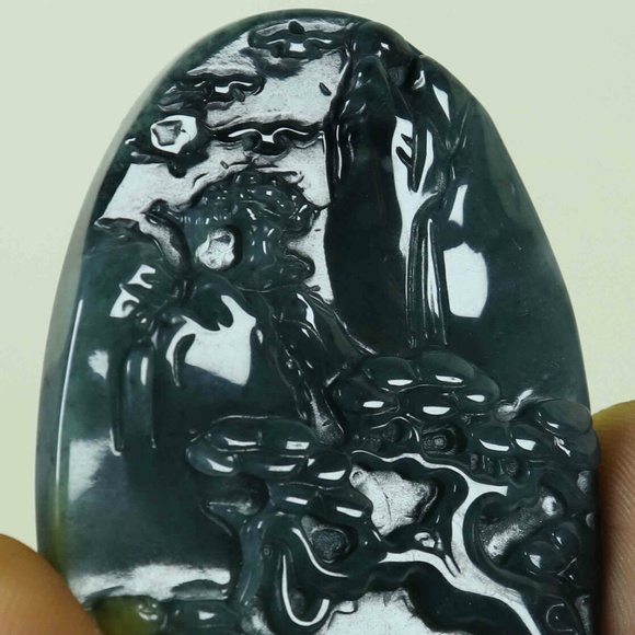 Cert'd Dark Green Natural A JADE jadeite Carved 2-sided Pendant Old pine - Picture 3 of 11